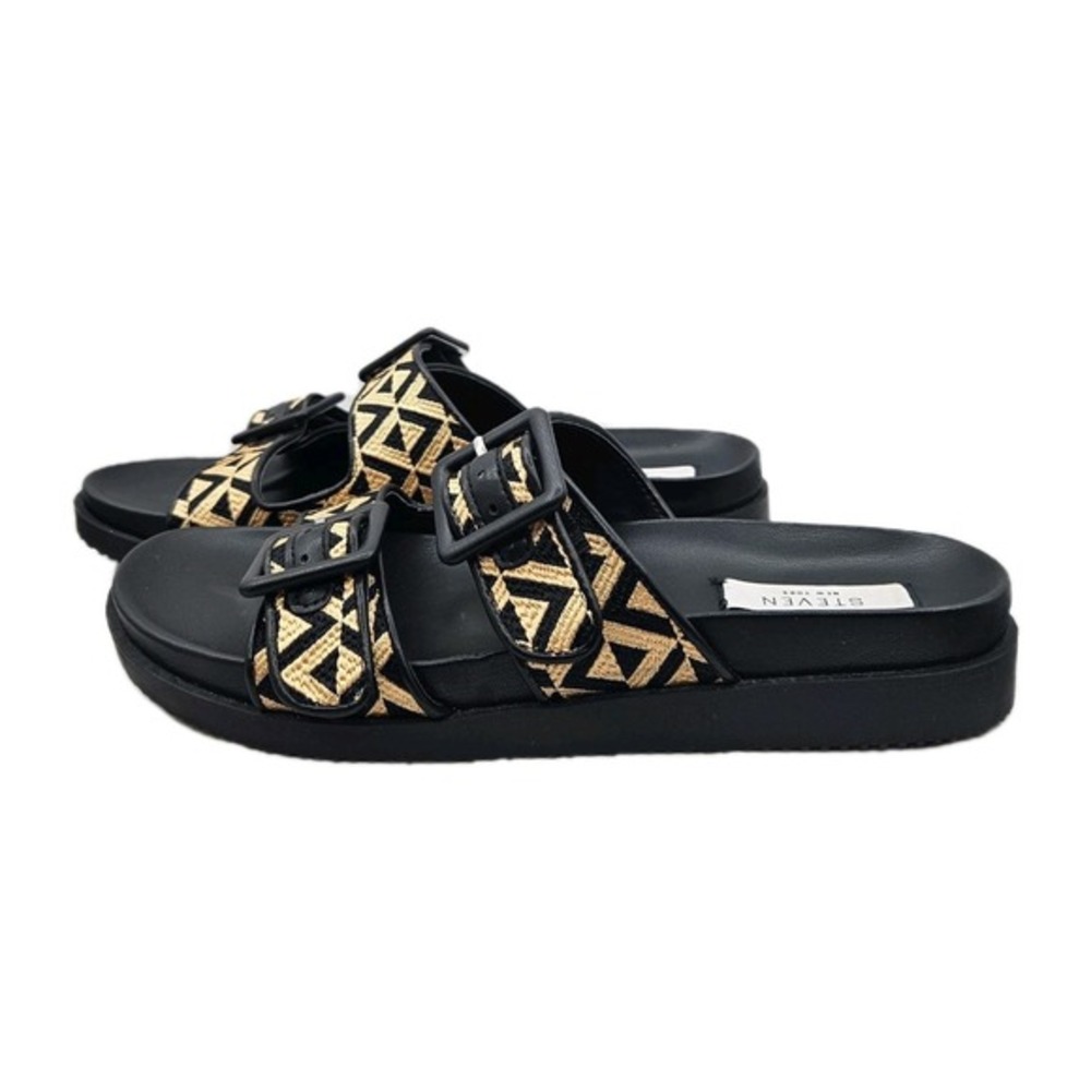 Steven New York Micah Black & Gold Geometric Pattern Slide Sandal With Buckle 8